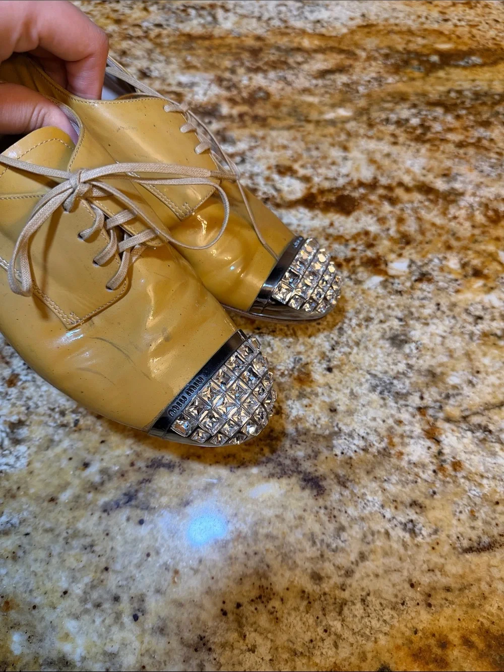Miu Miu Yellow Girls Lace-Up Shoes with Rhinestone Cap Toes